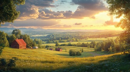 Scenic Countryside View with Rolling Hills and a Picturesque Landscape