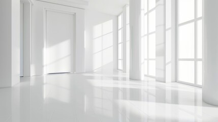 Fototapeta premium Bright white modern interior featuring large windows and minimalistic design, creating a spacious and airy environment perfect for architectural presentations.
