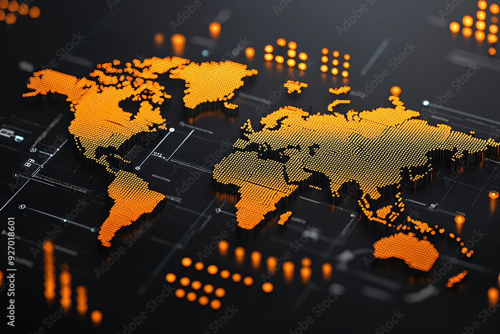 Poster global business strategy visualization on world map with financial data in 3d illustration space for