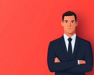 Confident businessman in suit with arms crossed against red background.