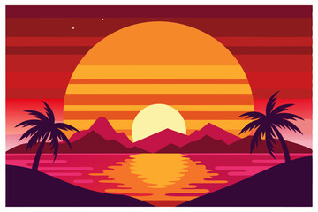 Sunset Over Tropical Beach with Palm Trees and Mountains