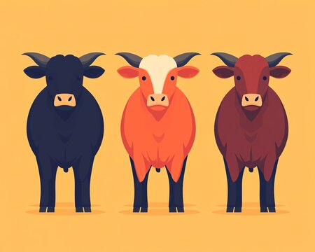 Three cartoon cows in different colors, black, red and brown, standing in a row.