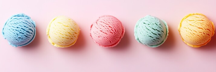 top view of ice cream of different colors on pastel background.