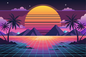 Fototapeta premium Retro Sunset Over Palm Trees and Mountains with a Gridded Water Surface