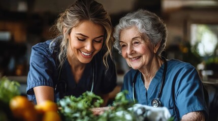 A caregiver assisting an elderly client with personal care in a cozy home setting, highlighting the warmth of in-home care services