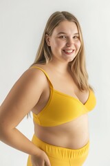 Fototapeta premium Young woman in yellow bra and shorts smiling at the camera.