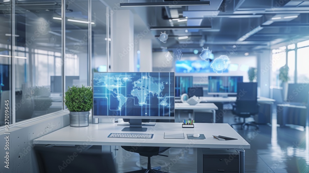 Poster hybrid cloud system in modern office for optimized data management and integration