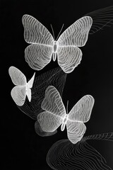 Black Background with Three butterflies, flying in the air