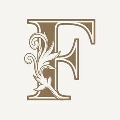stylized fancy letter F with a leaf flower vintage ornament