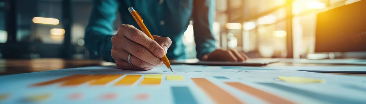 person writing on a chart with graphs in a modern office, highlighting analytical work and business strategy.