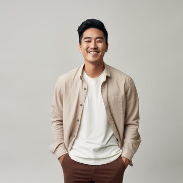 cinematic shot,happy asian male 27 years old, earth tone color outfit, standing