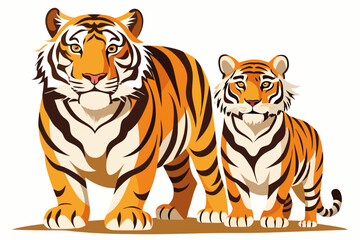 A Large Tiger with a Cub Standing on a Brown Patch