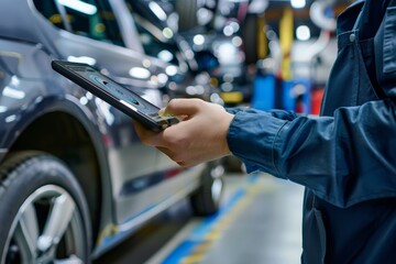 Mechanic Diagnosing Brake Pad Issues with Digital Tablet in Professional Garage Environment