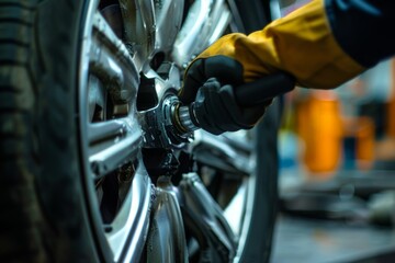 Obraz premium Mechanic Using Torque Wrench for Precision Tire Maintenance in Auto Workshop Setting