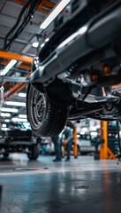 Fototapeta premium Technician Inspecting Modern Car Suspension in Well-Lit Automotive Workshop