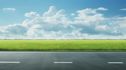 front view Roadside view and green grass on blue sky