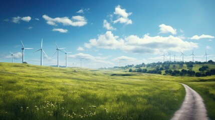 landscape , grass field , wind power stations , nature light , blue sky