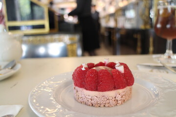 French dessert: raspberry coconut mousse in Paris, France