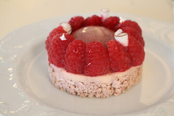 French dessert: raspberry coconut mousse in Paris, France