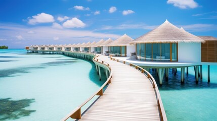 white sand beach in maldives, floating luxury cottages