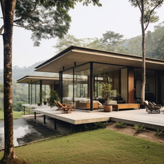 photo of asia frount house ,minimal outdoor terrace,comfy home,country