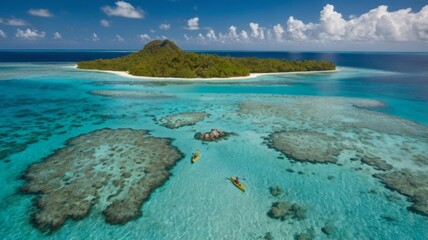 Obraz premium A breathtaking aerial view of a tropical island with clear turquoise waters and a lone adventurer kayaking, capturing the essence of travel and exploration.