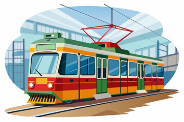 Naklejka premium A Cartoon Illustration of a Red and Green Electric Tram