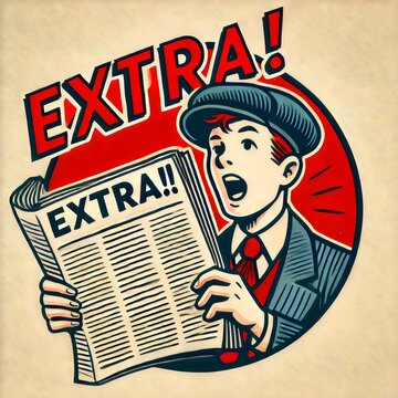 A vintage-style illustration of a paperboy shouting "Extra! Extra!" while holding up a newspaper