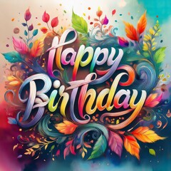 Obraz premium Realistic happy birthday vibrant lettering text poster; calligraphy and watercolor painting style