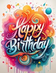 Obraz premium Realistic happy birthday vibrant lettering text poster; calligraphy and watercolor painting style