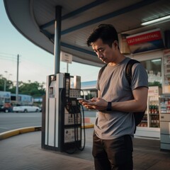 thai male 30 years old, wearing t-shirt, broke,checking mobile phone