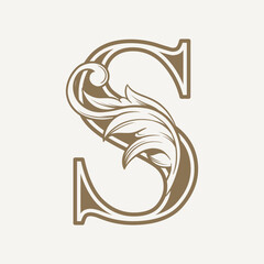 stylized fancy letter S with a leaf flower vintage ornament