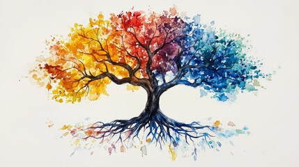 Obraz premium Watercolor tree with roots and branches intertwining, symbolizing deep connections.