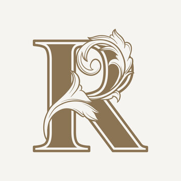 stylized fancy letter R with a leaf flower vintage ornament
