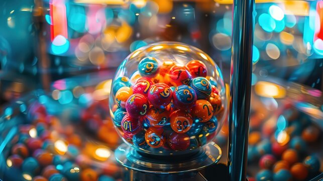 A close-up of a lottery machine with brightly colored numbered balls inside, ready to be drawn. The balls are a blur of reds, blues, and yellows. The machine is illuminated by colorful lights.