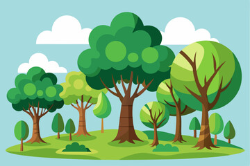 A Sunny Day in a Cartoon Forest with Clouds and Lush Green Trees