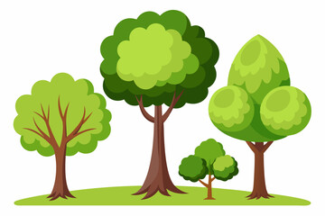 Four Cartoon Trees with Green Foliage on Grass