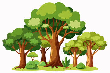 Cartoon Illustration of a Forest with Lush Trees and Green Bushes
