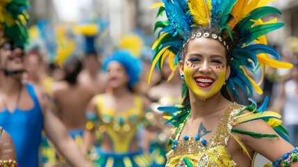 A vibrant street parade featuring participants in colorful costumes, with a focus on a smiling woman wearing an elaborate feathered headdress in green, yellow, and blue.
