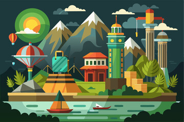 Colorful Landscape with Mountains, Buildings, and Boats