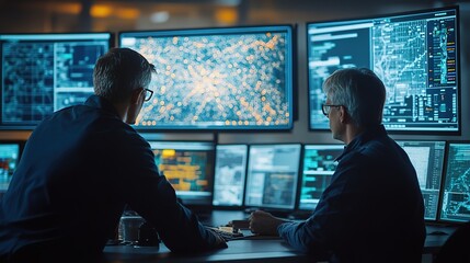 Two men work in a dimly lit room, surrounded by computer monitors displaying data and code. The focus is on their silhouettes and the glowing screens, creating a mysterious and intriguing atmosphere.
