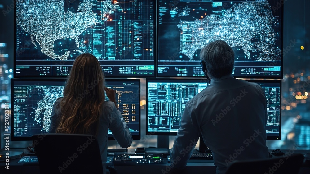 Poster two people work late in a darkened room, intently focused on a wall of computer screens displaying c