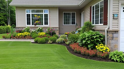 Fototapeta premium Beautifully landscaped garden with vibrant flowers and lush green lawn, showcasing modern home aesthetics and nature's charm.