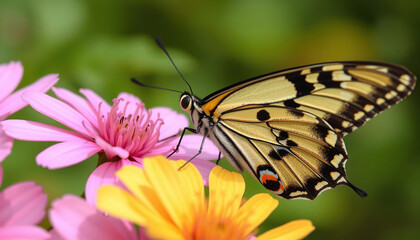 Naklejka premium A butterfly is sitting on a yellow flower