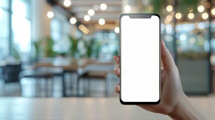 Blank smartphone screen displayed in a cozy cafe atmosphere, perfect for app design or tech-related projects.