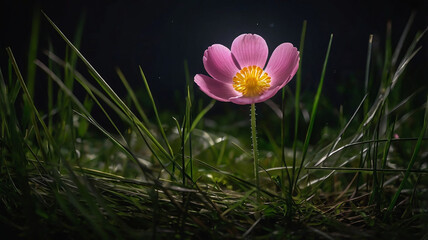 A pink buttercup flower surrounded by tall blades of grass., showcasing the flower&rsquo;s delicate texture and the interplay of light and shadow on the petals.
