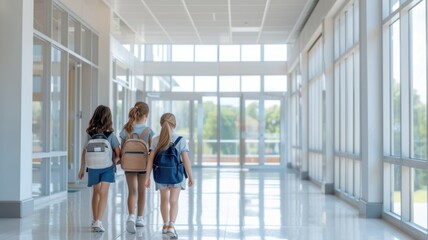 Fototapeta premium Three children walk through a bright school corridor, showcasing friendship and the spirit of learning in a modern educational environment.