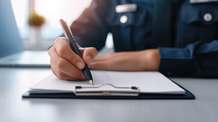 A close-up of a hand Policeman holding a pen, writing on a clipboard. police officer