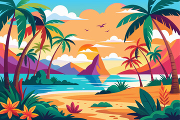 Fototapeta na wymiar Tropical Beach Scene with Palm Trees, Mountains, and Sunset