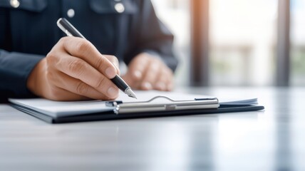 A close-up of a hand Policeman writing in a notebook. police officer